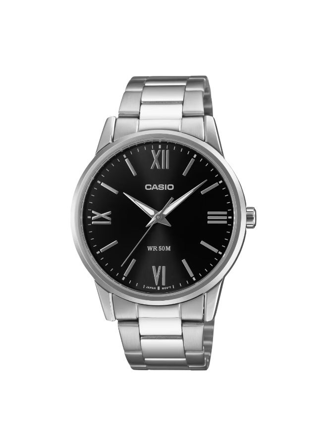 Analog Men’s Watch MTP‑1303DD‑1A, 40 mm Black Dial, Silver Stainless Steel Bracelet, 50 m WR